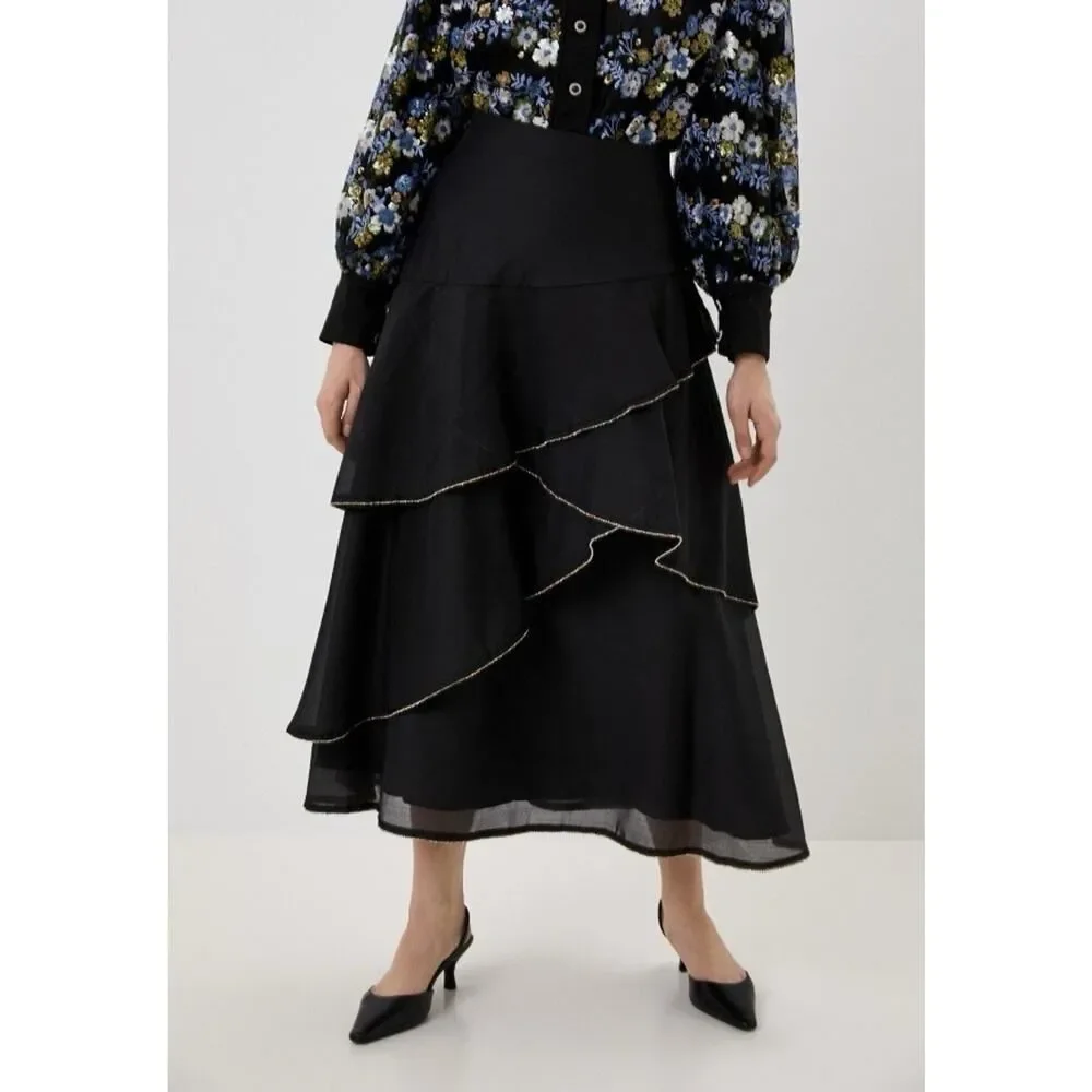 Sister Jane Black Ruffle Midi Skirt Beaded Trim Tiered XS Romantic